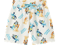 Pantaloncini bianchi con stampa cartone animato Bluey e Bingo e coulisse azzurra.