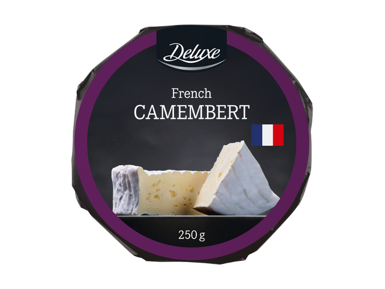 Confezione di formaggio Camembert francese, 250 g, con bandiera francese.