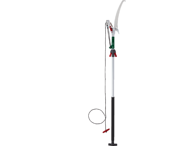 Forbici telescopiche con sega e corda per la potatura di rami alti.