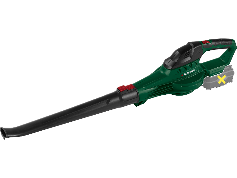 Soffiatore per foglie a batteria verde e nero con batteria rimovibile.