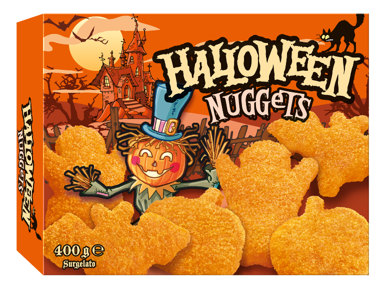 Nuggets di pollo a forma di Halloween, con spaventapasseri e castello stregato. 400g, surgelati.