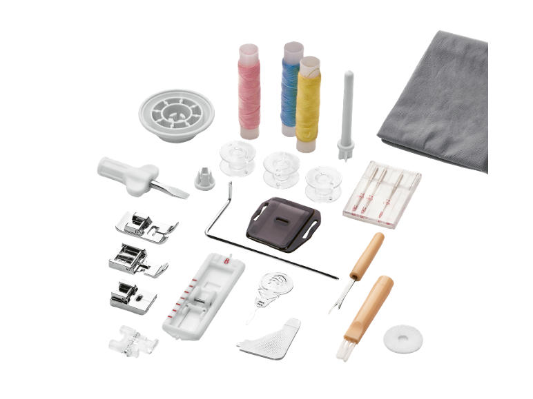Kit di accessori per cucito, inclusi fili colorati, piedini e aghi.