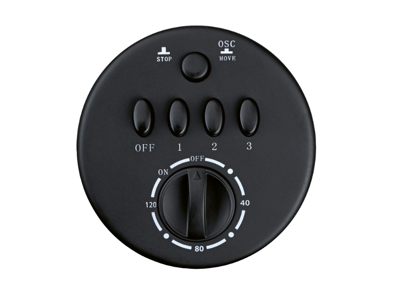 Pannello di controllo nero con pulsanti per velocità, oscillazione e timer.