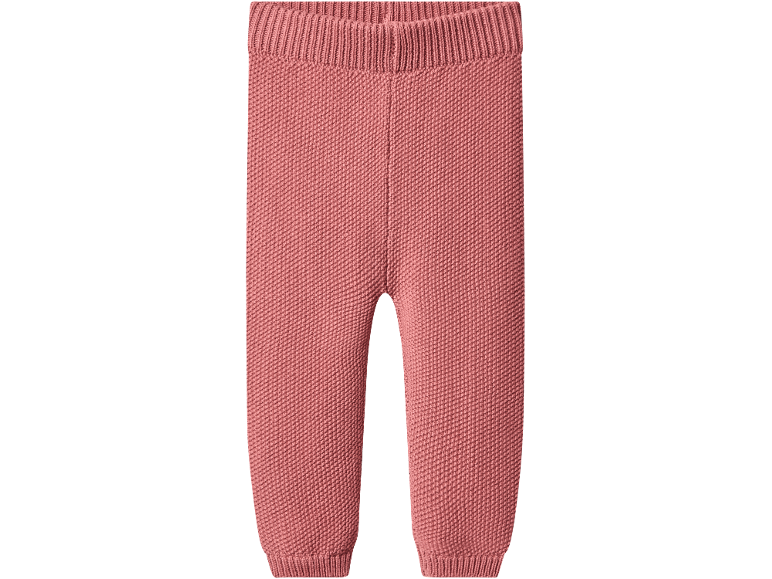 Pantaloni rosa in maglia per neonati con vita e polsini a costine.