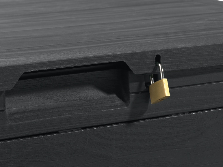 Baule portaoggetti da esterno grigio con lucchetto dorato.