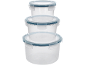 Pila di tre contenitori rotondi trasparenti in plastica per alimenti con coperchi con bordo blu.
