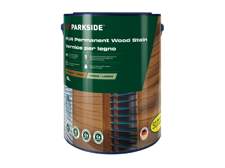 Vernice per legno noce, 5L, per interni ed esterni, diluibile con acqua.