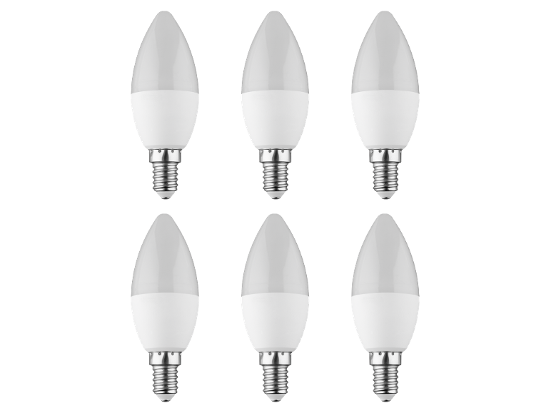 Sei lampadine LED bianche a candela con attacco E14 su sfondo nero.