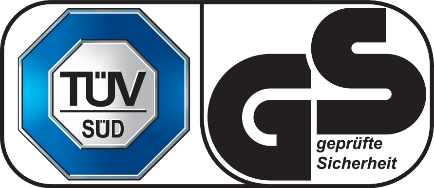 Sigilli di certificazione TÜV SÜD e GS (geprüfte Sicherheit).