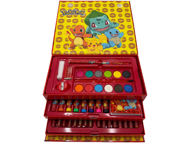 Un set artistico a più strati con personaggi dei cartoni animati popolari, inclusi colori, pastelli e matite.