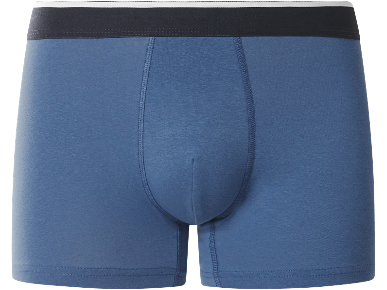 Boxer da uomo blu con elastico in vita nero e striscia bianca.