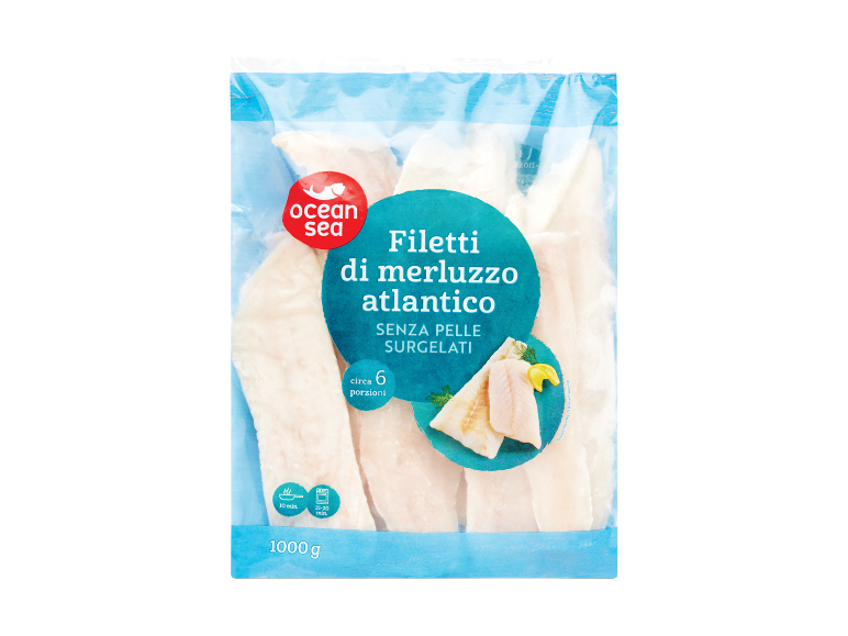 Confezione di filetti di merluzzo atlantico senza pelle, surgelati, con istruzioni di cottura.