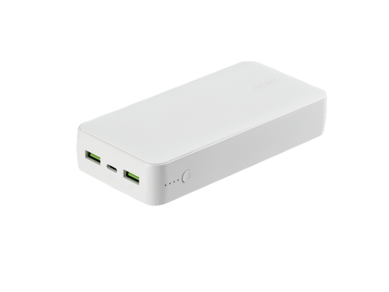 Power bank bianco con due porte USB-A e una USB-C, e un indicatore di carica.
