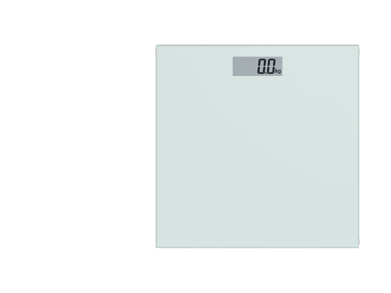 Bilancia digitale da bagno che mostra «0.0 kg» su una superficie bianca.