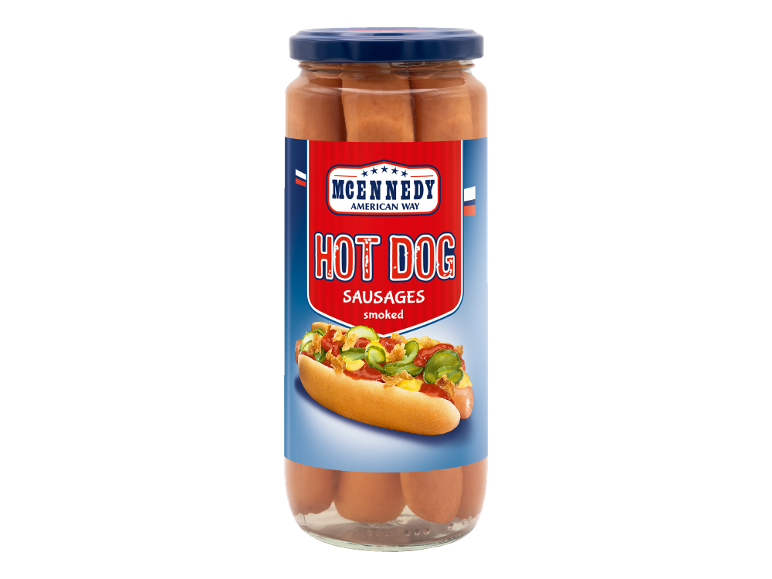 Vaso di würstel affumicati per hot dog con immagine di un hot dog preparato.