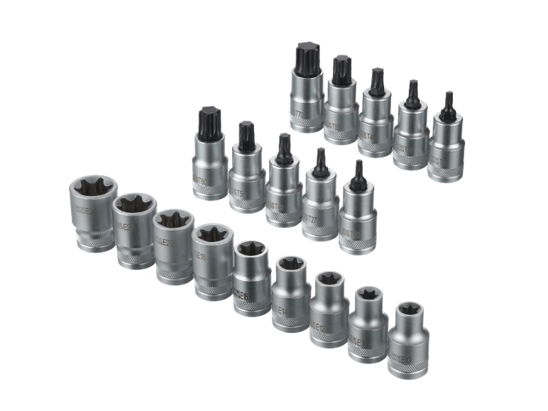 Set di bussole e inserti Torx e profilo E, incluse misure da E10 a E24 e da T20 a T70.