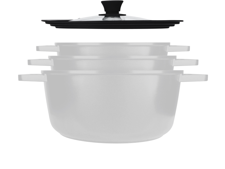 Set di tre pentole grigie con coperchio nero