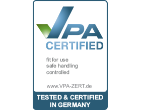 Sigillo certificato VPA: „fit for use”, „safe handling”, „controlled”, „TESTED & CERTIFIED IN GERMANY”.