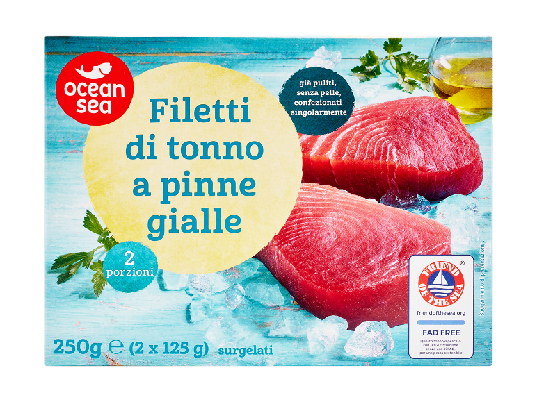 Filetti di tonno a pinne gialle surgelati, 2 porzioni (250g), puliti e senza pelle.