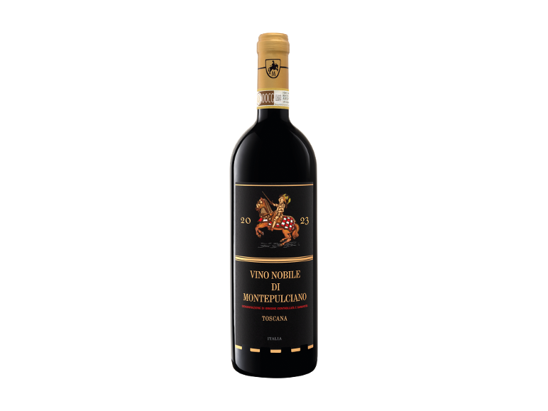 Bottiglia di vino rosso, Vino Nobile di Montepulciano, Toscana, 2023, con cavaliere a cavallo.