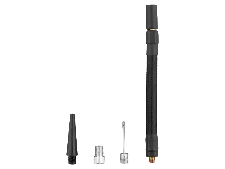 Tubo flessibile per pompa ad aria intrecciato nero con tre diversi adattatori per valvola.