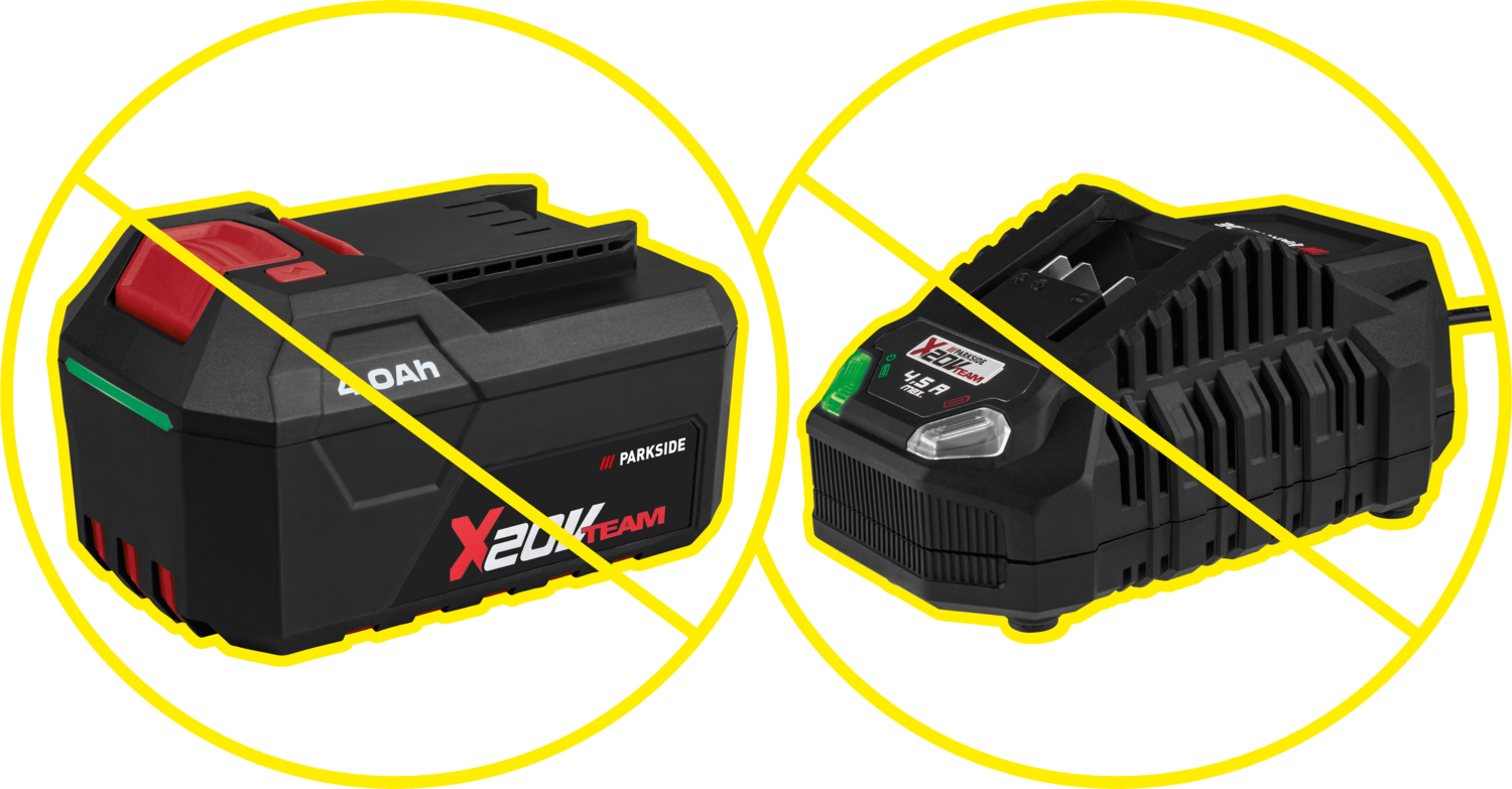 Batteria 4.0Ah e caricabatterie 4.5 A max. barrati con una X gialla.