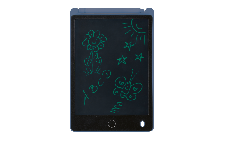 Tavoletta LCD per bambini con disegni verdi di sole, fiore, farfalla e lettere.