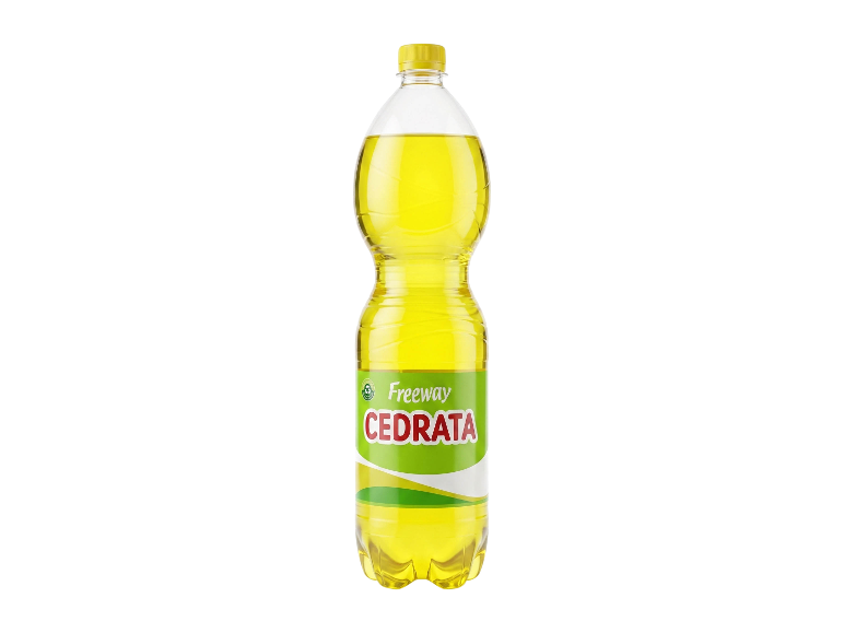 Bottiglia di bevanda analcolica al cedro gialla con etichetta verde e bianca.