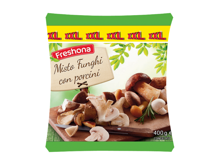 Confezione di funghi misti con porcini, 400g, congelati.