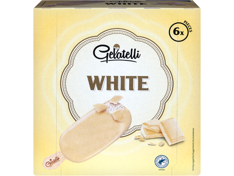 Confezione da 6 gelati al cioccolato bianco con pezzi di cioccolato bianco.