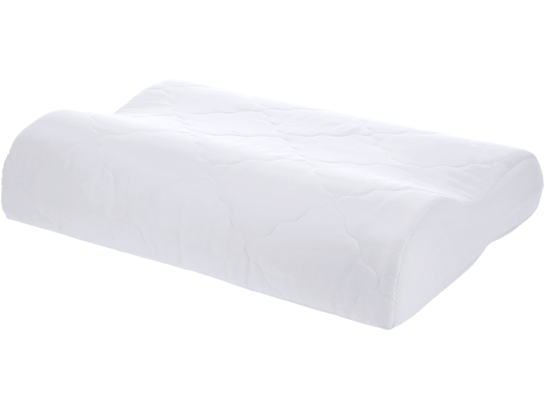 Cuscino cervicale bianco con fodera trapuntata, progettato per supporto ergonomico.