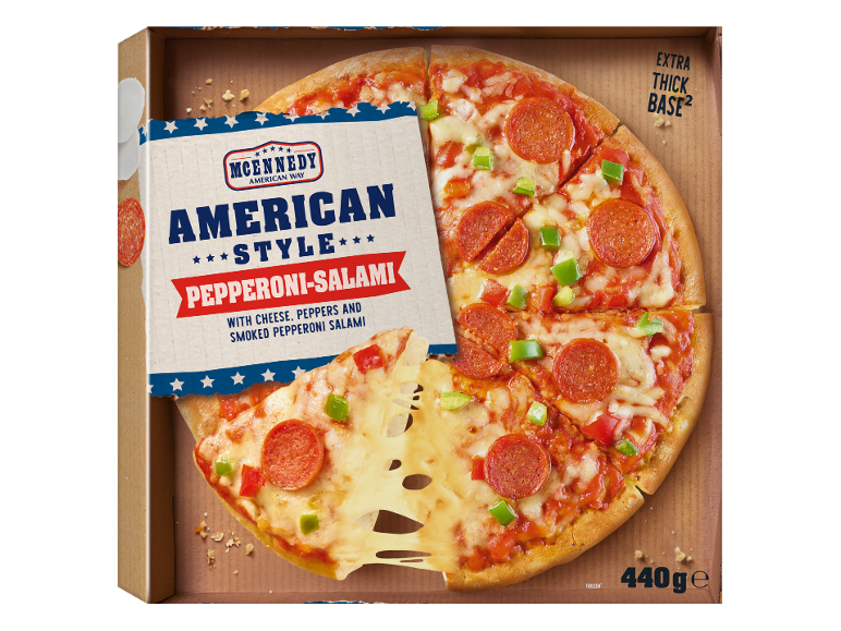 Pizza stile americano pepperoni-salami con formaggio, peperoni e salame affumicato, 440g.