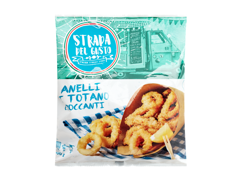 Confezione di anelli di totano croccanti 'Strada del Gusto' con un menù di street food italiano.