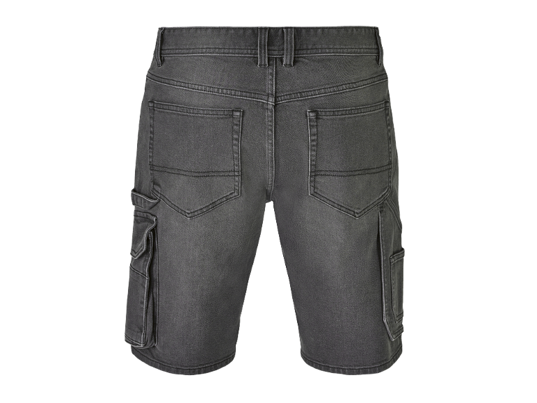 Pantaloncini di jeans grigio scuro da uomo con tasche laterali e posteriori.