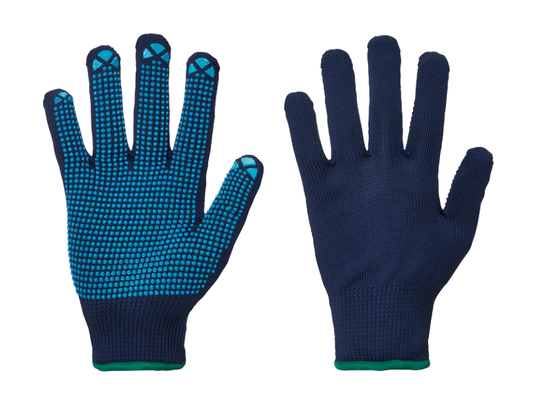 Un paio di guanti da lavoro blu scuro con puntini antiscivolo blu chiaro.