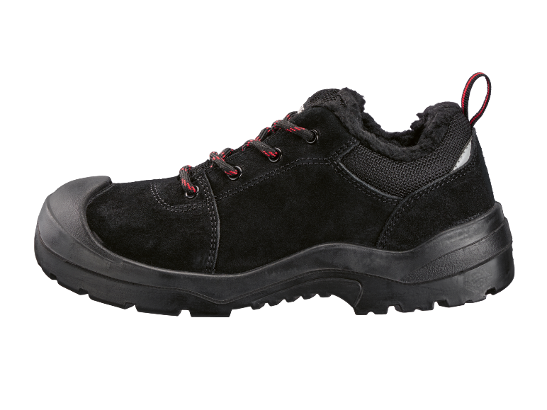 Scarpe da lavoro nere con lacci rossi e puntale in gomma.