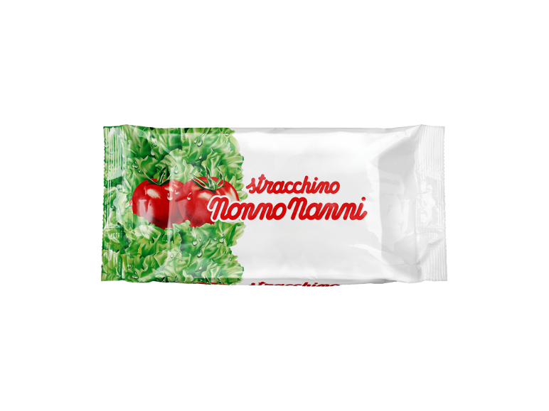 Confezione con lattuga, pomodori e formaggio, con testo rosso.