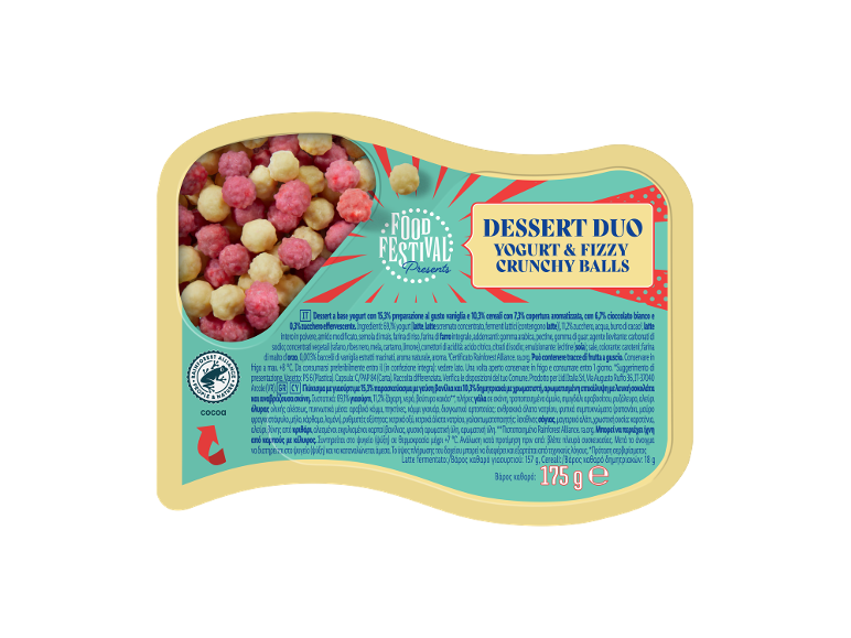 Dessert allo yogurt con palline croccanti colorate, con scritte 'Dessert Duo' e 'Food Festival'.