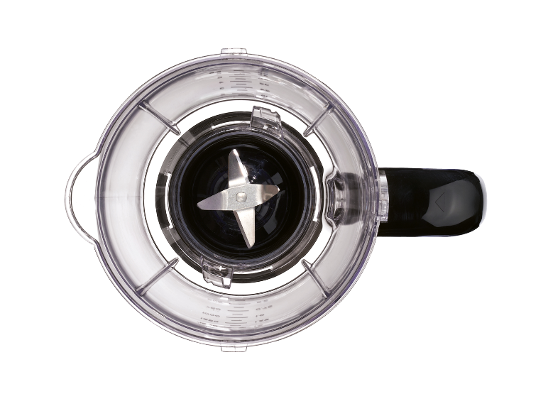 Vista dall'alto di contenitori trasparenti per frullatore con lame.