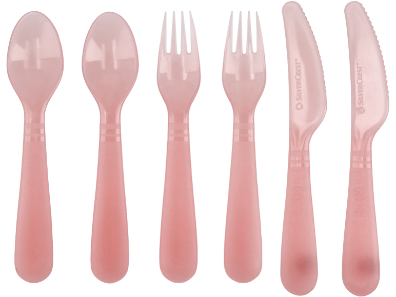 Set di posate in plastica rosa con cucchiai, forchette e coltelli.