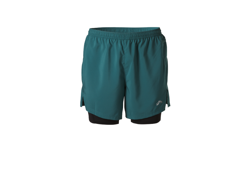 Pantaloncini sportivi da uomo verde acqua con strato interno nero.