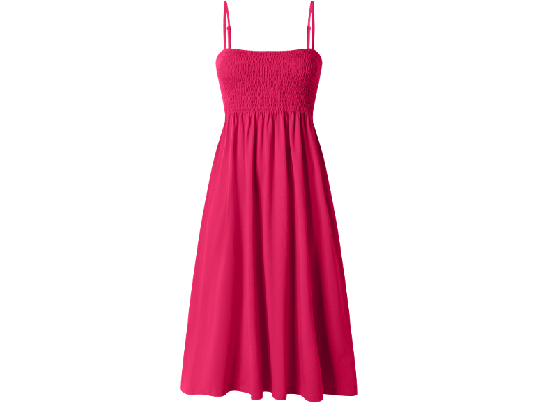 Vestito fucsia con spalline, corpetto arricciato e gonna svasata.