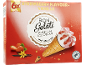 Scatola da 6 coni gelato fragola e vaniglia, con logo cacao Rainforest Alliance.
