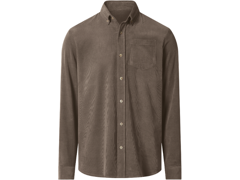 Camicia di velluto a coste marrone con bottoni e taschino sul petto.