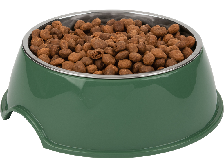 Ciotola verde per animali domestici piena di cibo secco.