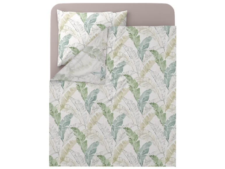 Set di biancheria da letto con cuscino e piumino con stampa di foglie tropicali verdi e beige.