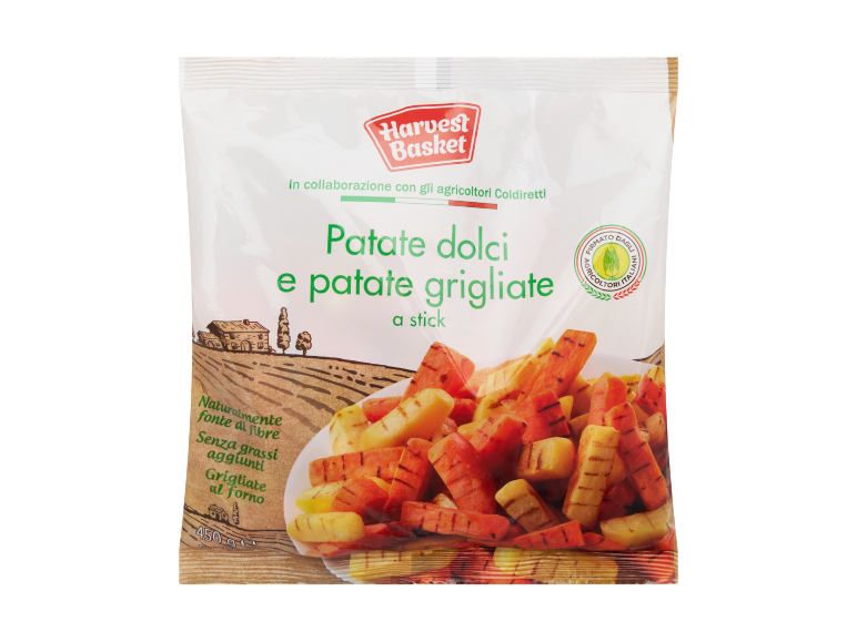 Confezione di patate dolci e patate grigliate a stick, con testo in italiano.