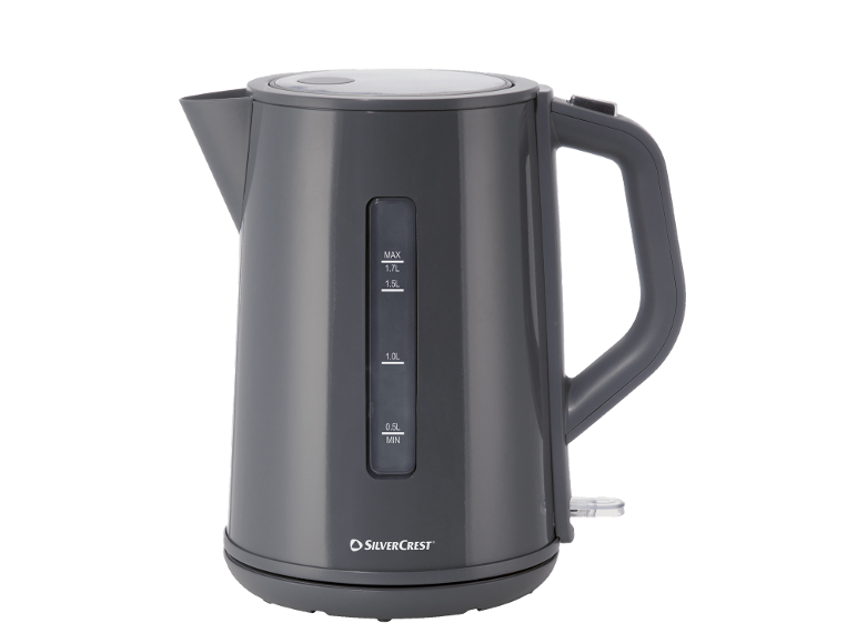 Bollitore elettrico grigio scuro con indicatore del livello dell'acqua da 0,5L a 1,7L.