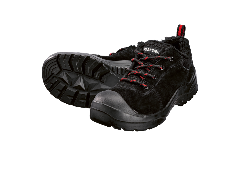 Scarpe antinfortunistiche nere con lacci rossi e suola spessa.