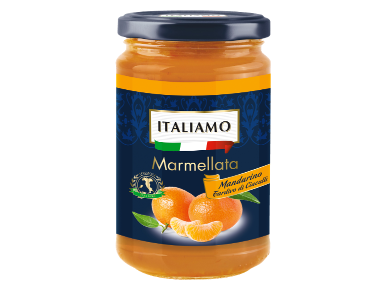 Vasetto di marmellata di mandarino con etichetta in stile italiano.